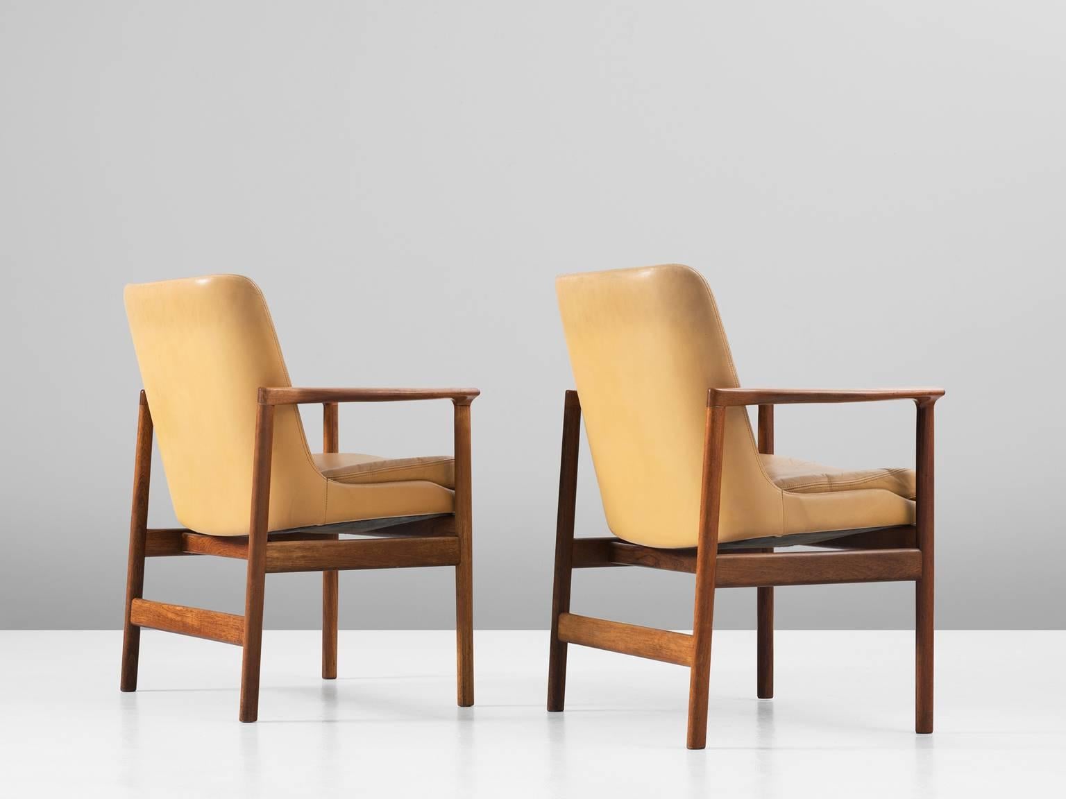 Danish Ib Kofod-Larsen Set of Two Armchairs in Rosewood and Natural Leather 
