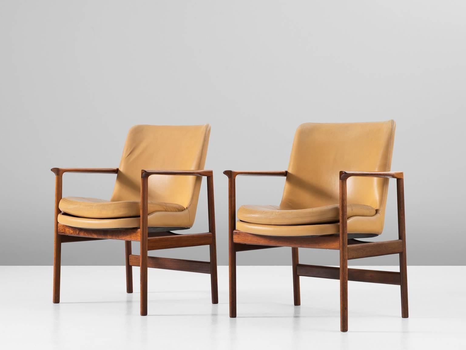 Mid-Century Modern Ib Kofod-Larsen Set of Two Armchairs in Rosewood and Natural Leather 