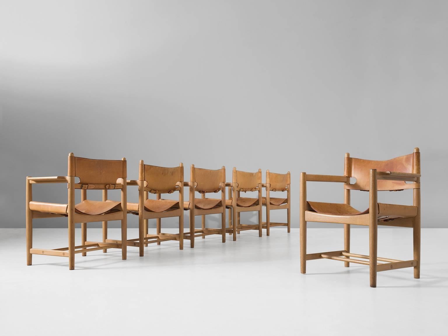 Mid-Century Modern Børge Mogensen Set of Six Armchairs in Oak and Cognac Leather