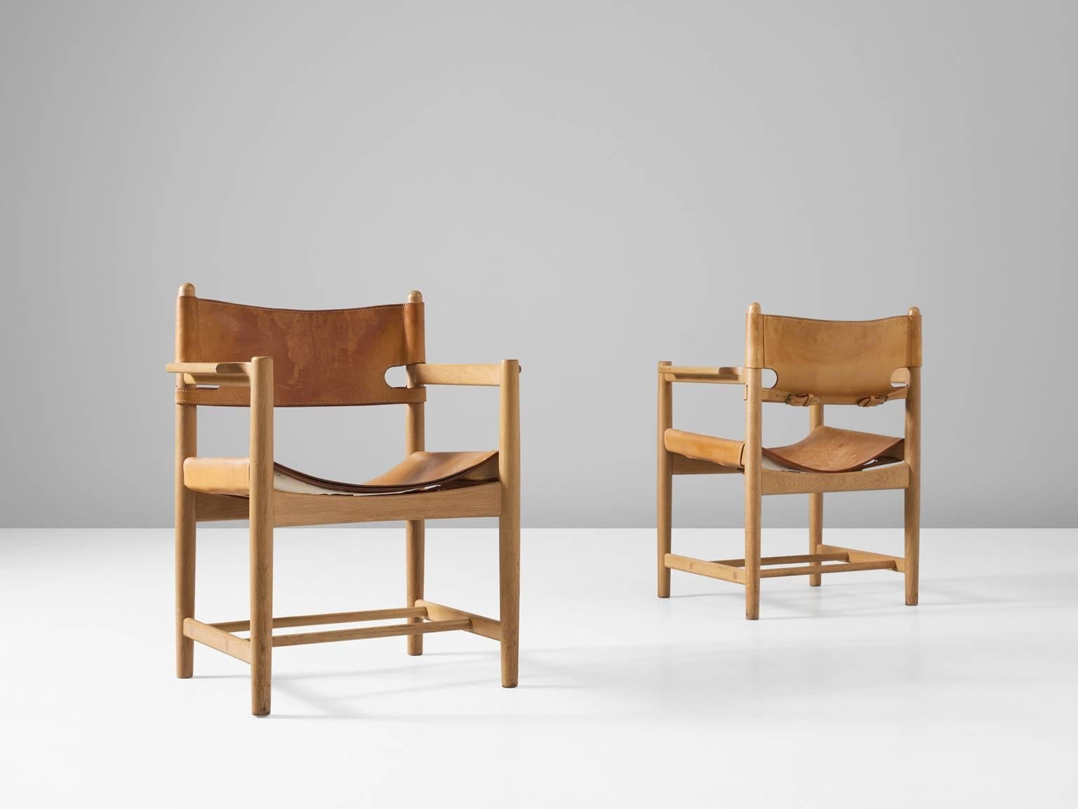 Danish Børge Mogensen Set of Six Armchairs in Oak and Cognac Leather