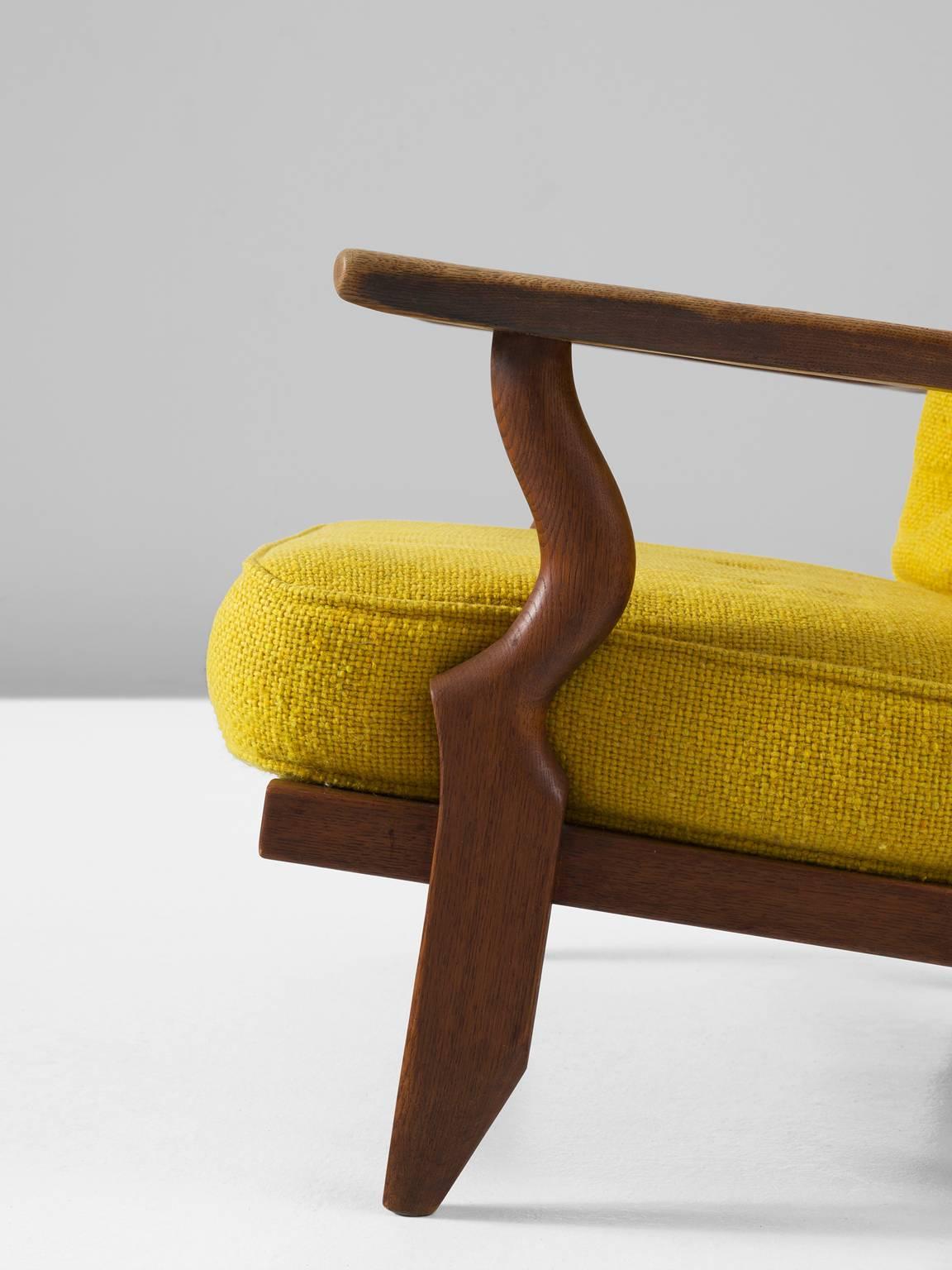 Mid-20th Century Guillerme & Chambron High Back Chair in Yellow Fabric Upholstery