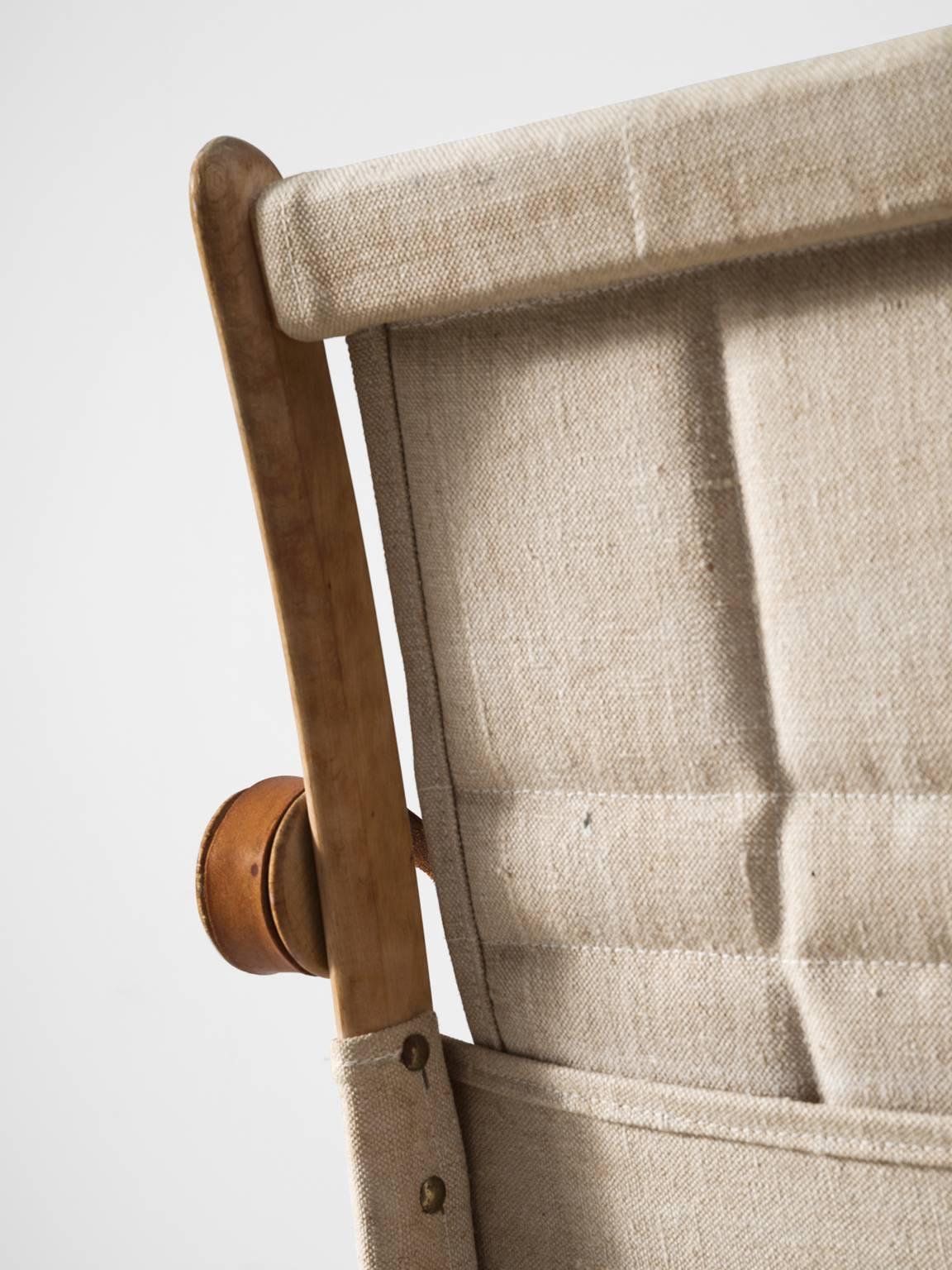 Mid-20th Century Scandinavian Safari Folding Chair in Beech and Canvas Upholstery