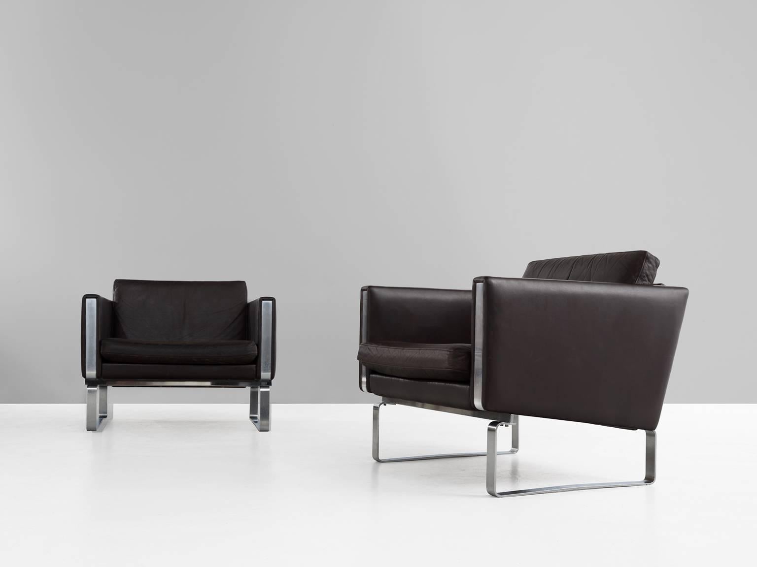 Danish Hans Wegner Set Of Two JH-801 Dark Brown Leather Easy Chairs