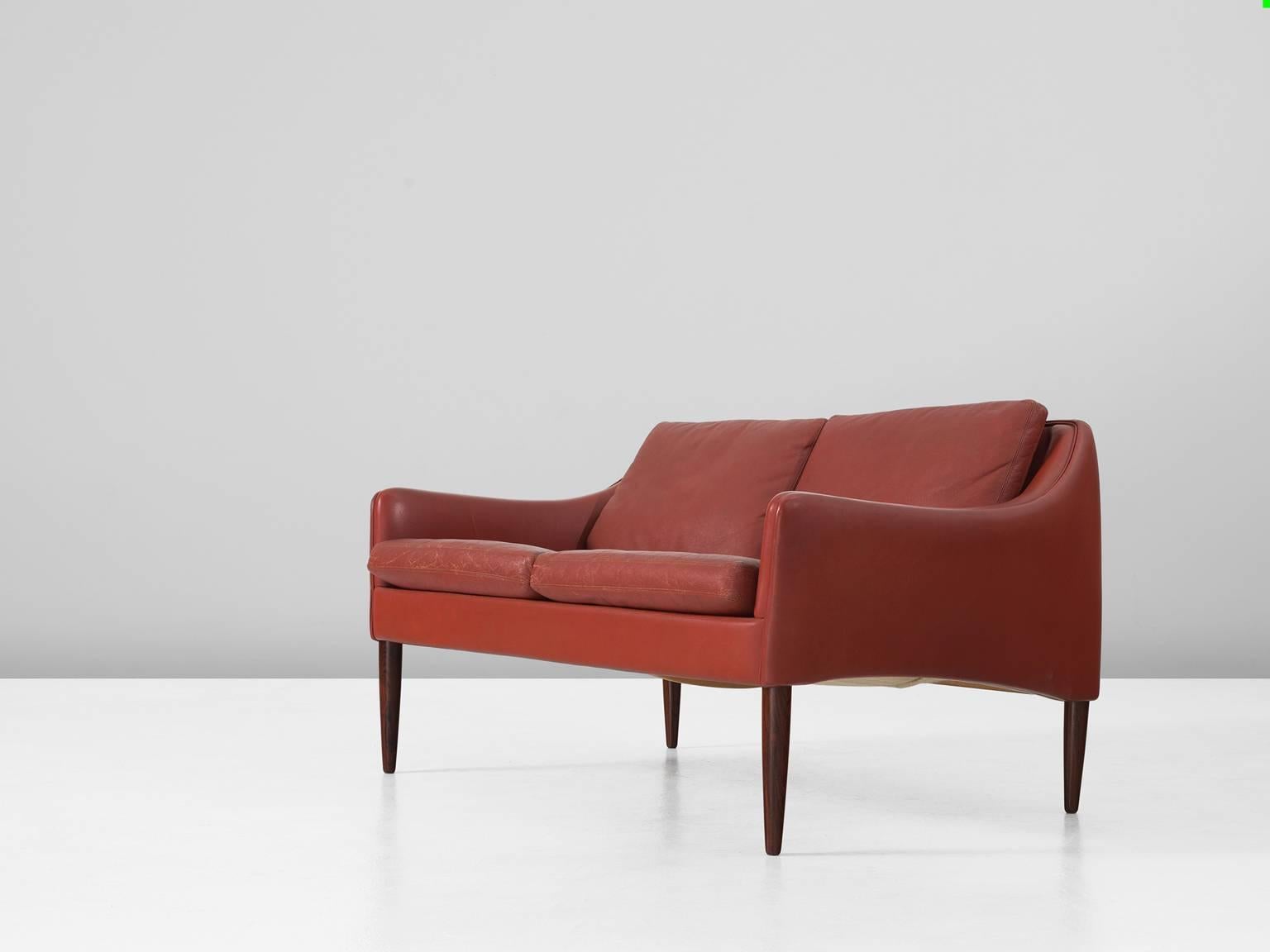 Mid-Century Modern Hans Olsen Two-Seat Sofa in Red Leather for CS Møbler