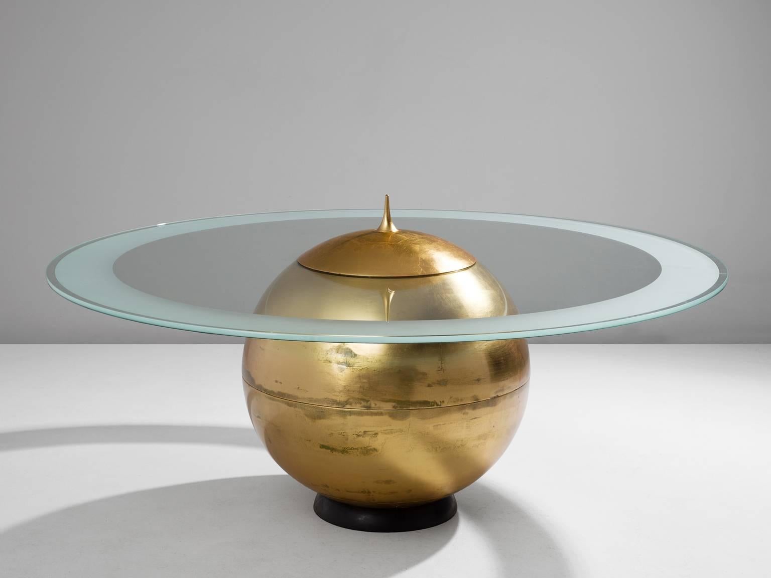 Table 'I Soli', in wood, gold leaf and glass by Alessandro Mendini, Italy, 1985.

Outrageous dining table by Italian designer Alessandro Mendini. Mendini is known for his furniture designs of the post-modern period in Memphis style. The table