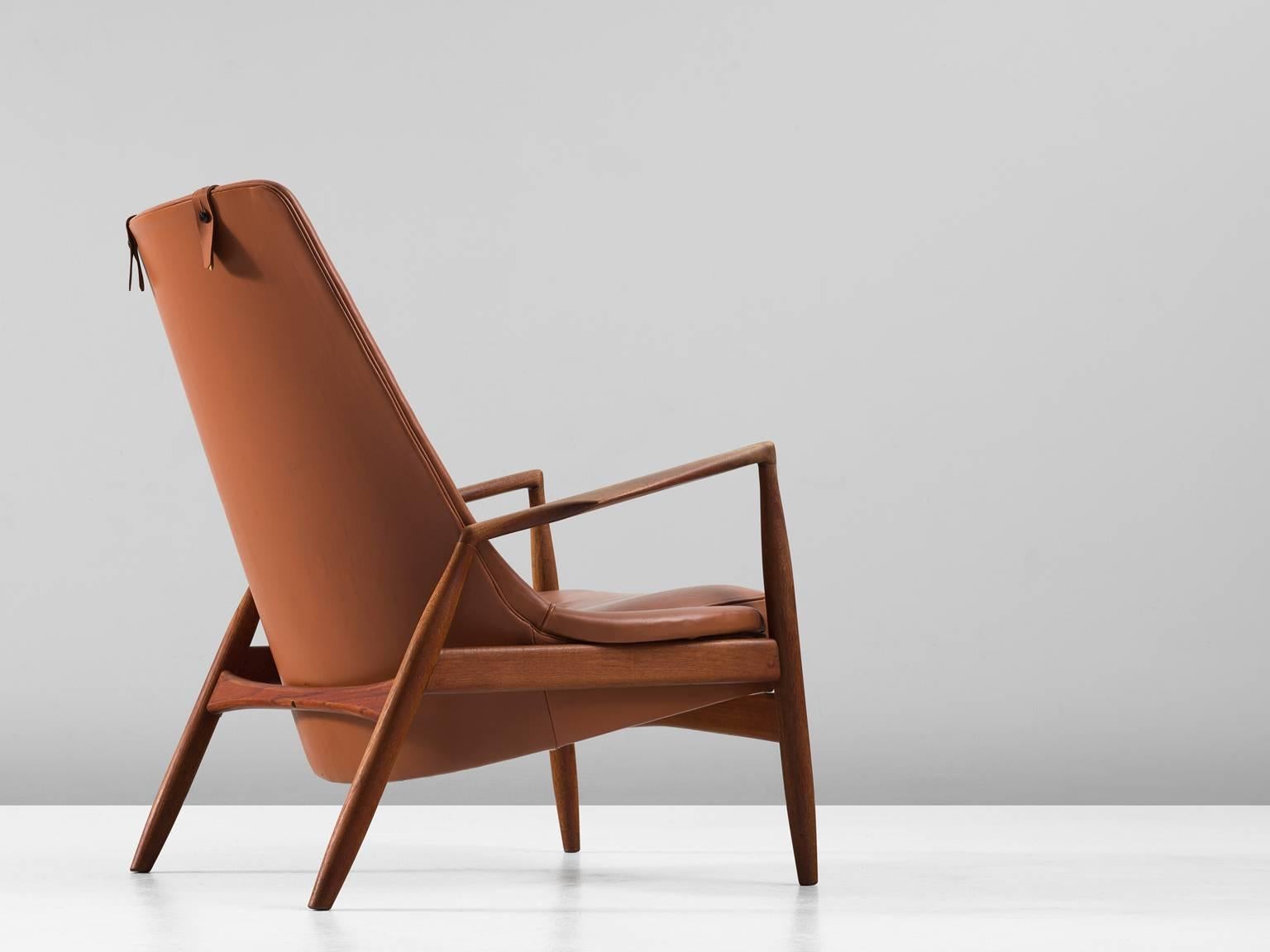 Mid-Century Modern Ib Kofod-Larsen 'Seal' High Back Lounge Chair in Cognac Leather