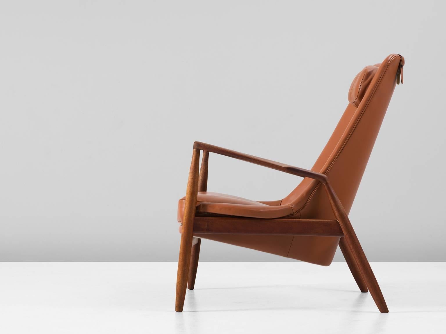 Danish Ib Kofod-Larsen 'Seal' High Back Lounge Chair in Cognac Leather