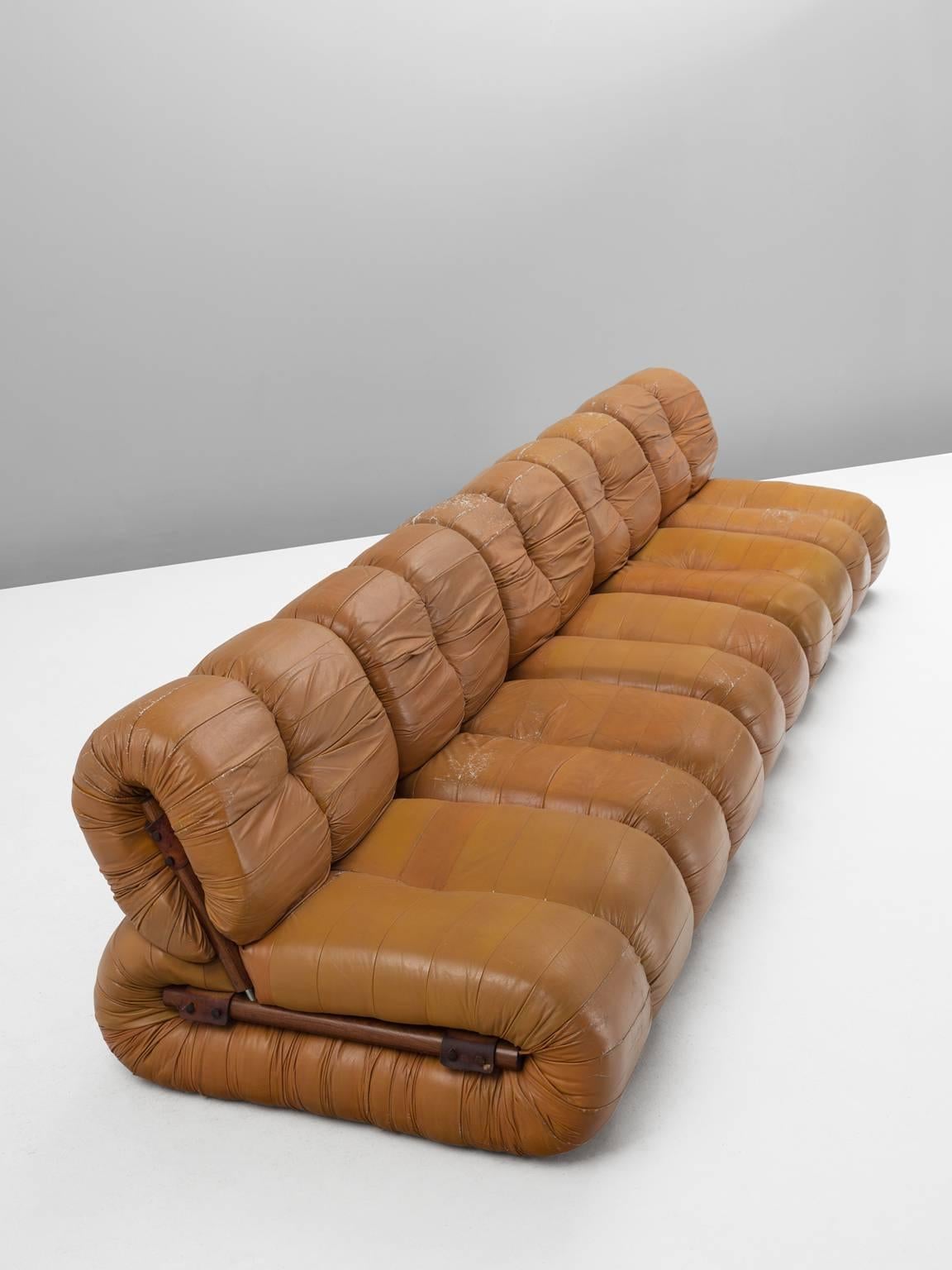 Mid-Century Modern Percival Lafer Modular Sofa in Rosewood and Cognac Leather