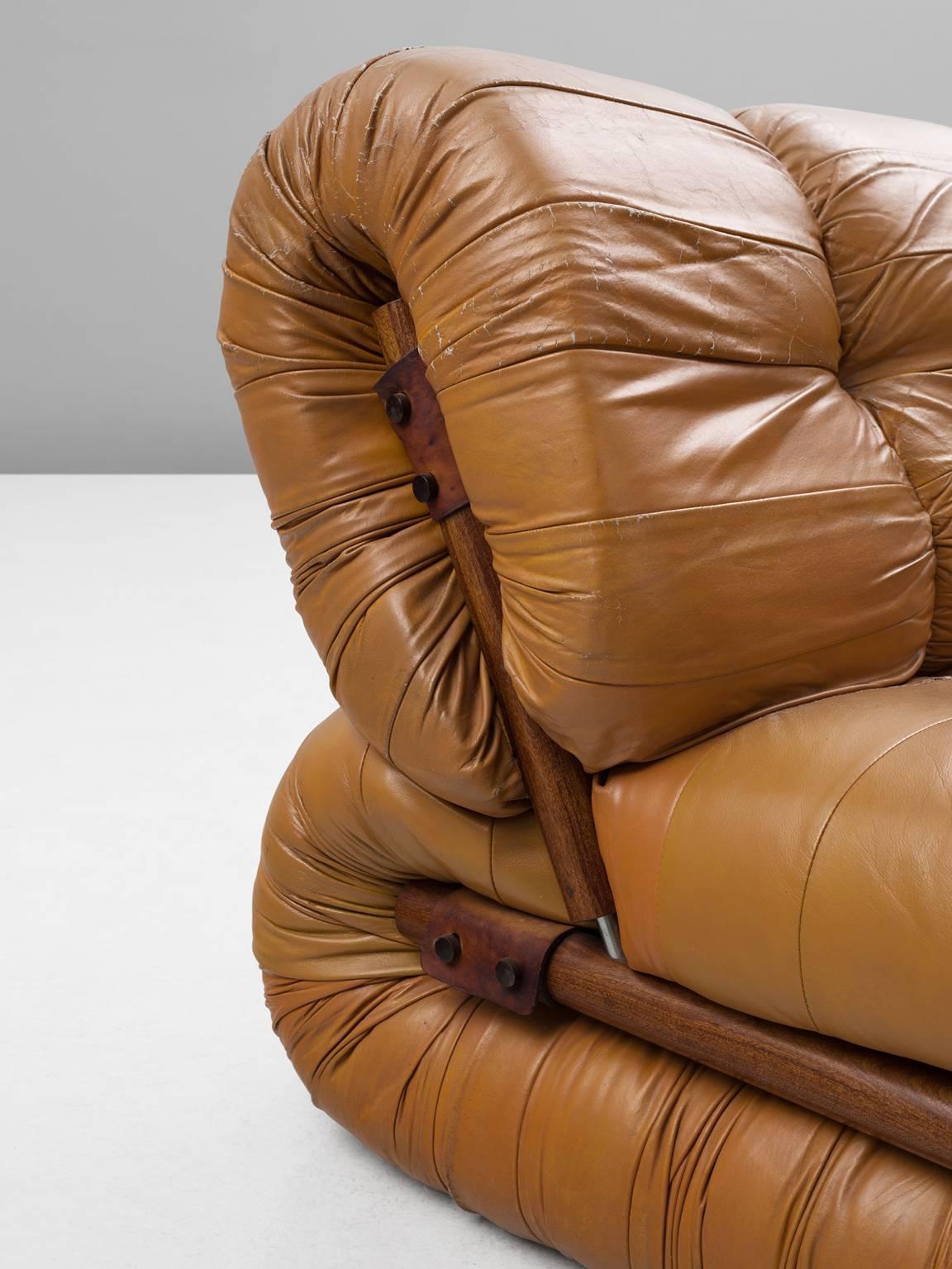 Brazilian Percival Lafer Modular Sofa in Rosewood and Cognac Leather