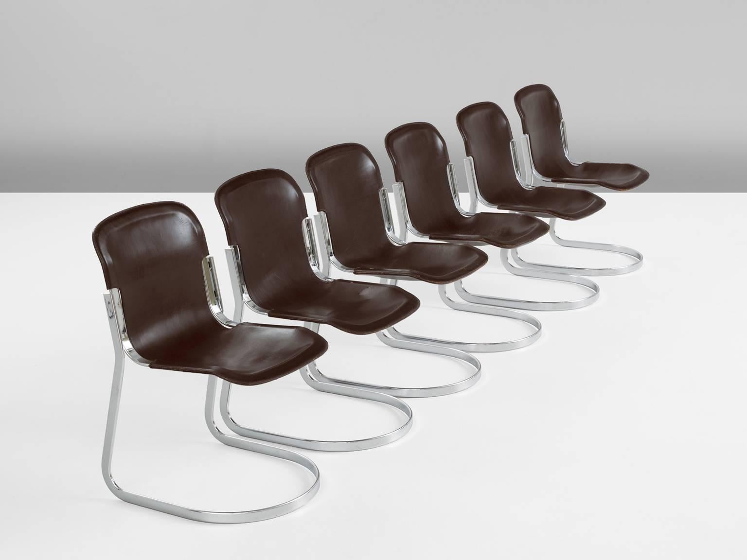 Set of six chairs, in chrome and leather, by Cidue, Italy 1970s. 

Cantilevered dining room chairs with chromed flat tubular steel frame. The seating and back are from thick brown colored saddle leather. The dark leather shows a nice all-over