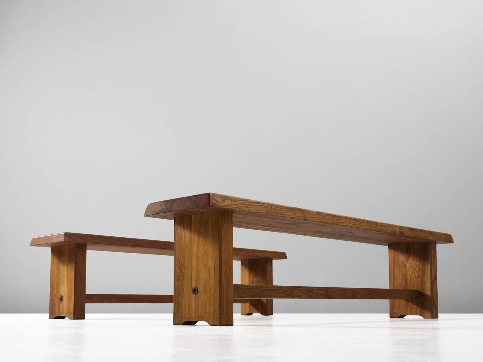 Mid-Century Modern Large (173cm) Pierre Chapo Benches in Solid Elm