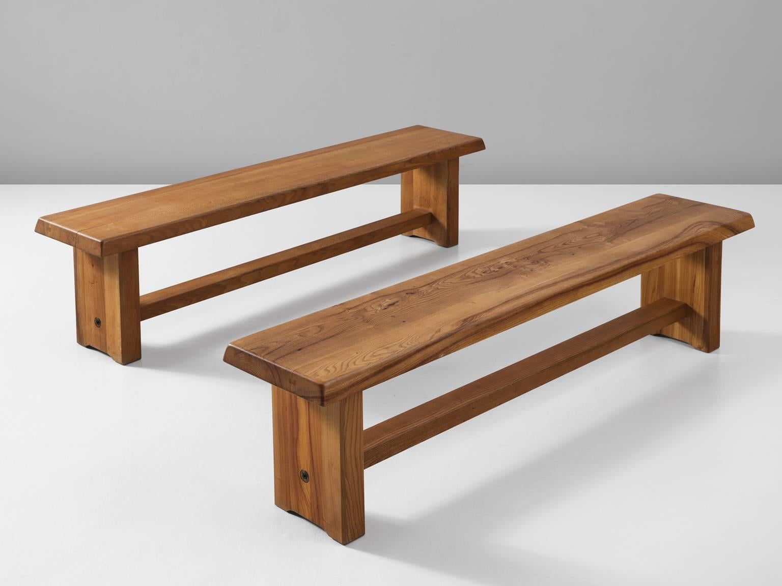 Set of two benches model S14, in elm, by Pierre Chapo, France, 1960s.

Two characteristic benches by French designer Pierre Chapo. These benches are made of solid elmwood. The design is simplistic and therefore the natural expression of the wood is