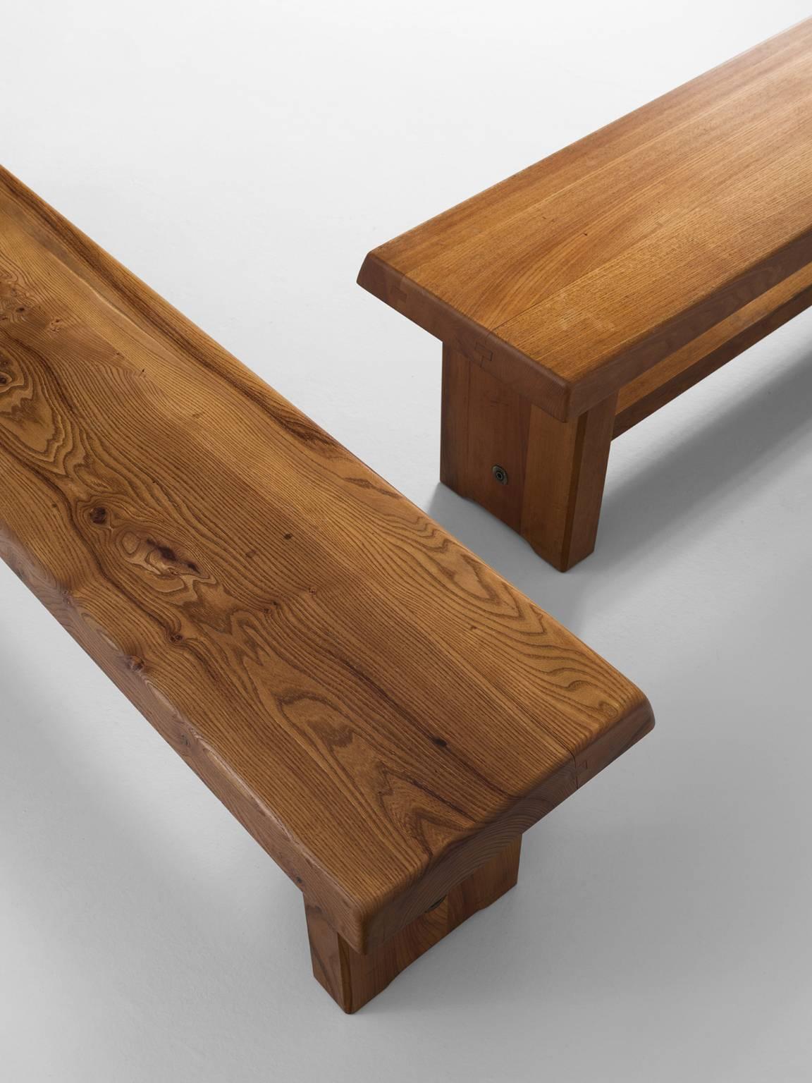 Mid-20th Century Large (173cm) Pierre Chapo Benches in Solid Elm