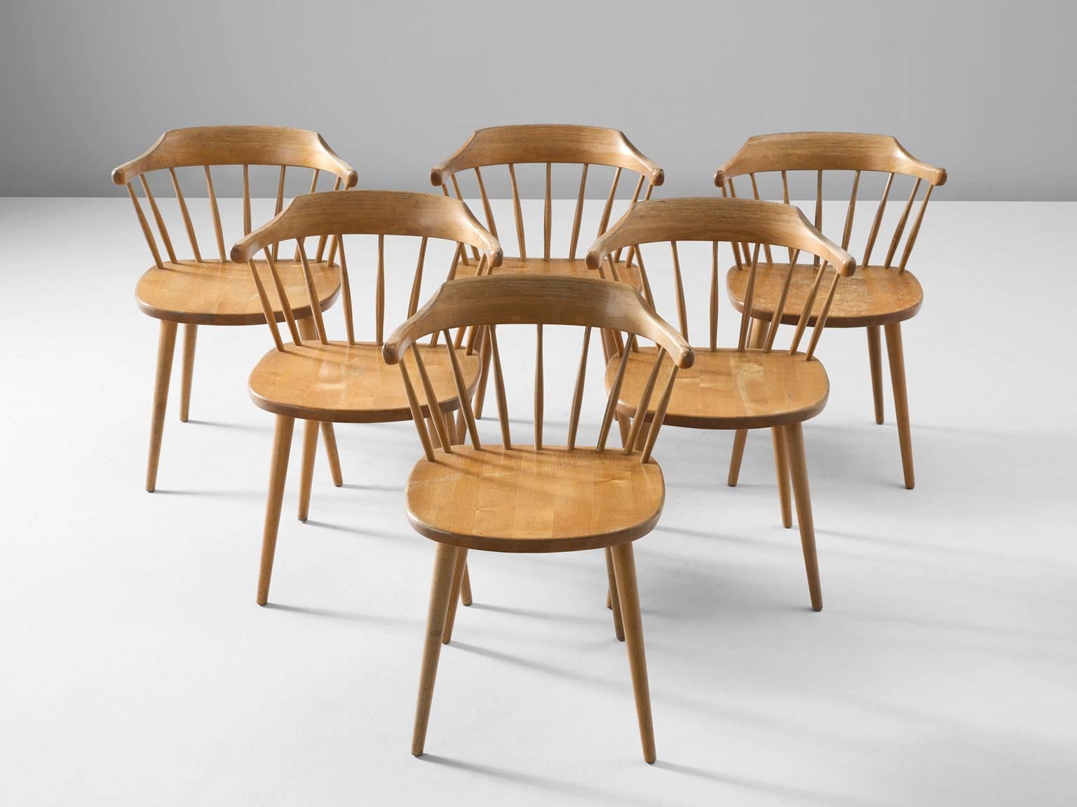 Set of six chairs model Småland in birch by Yngve Ekström for Stolab, Sweden, 1950s.

Highly comfortable set of six armchairs with an interesting open character. The chair is know for its comfort and durability with a vert elegant look from every