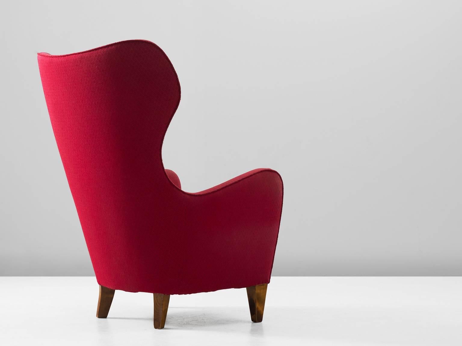 Scandinavian Modern Scandinavian Wingback Chair in Red Fabric Upholstery