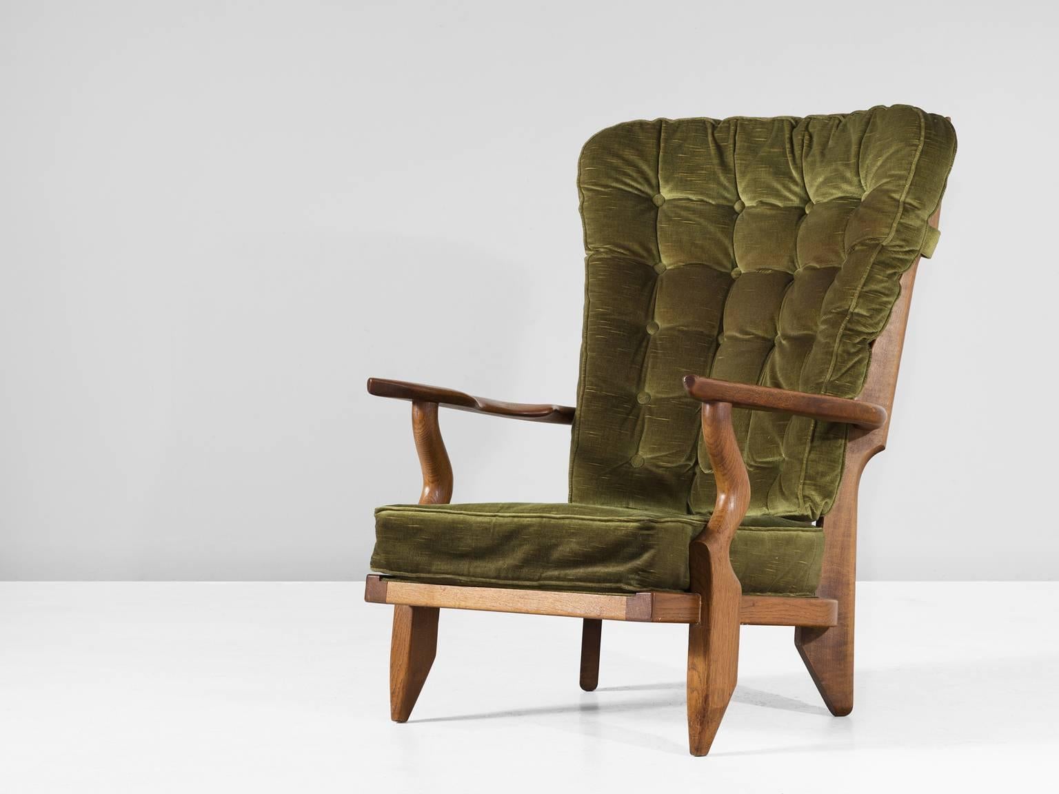 Mid-Century Modern Guillerme & Chambron High Back Chair in Green Velvet Upholstery