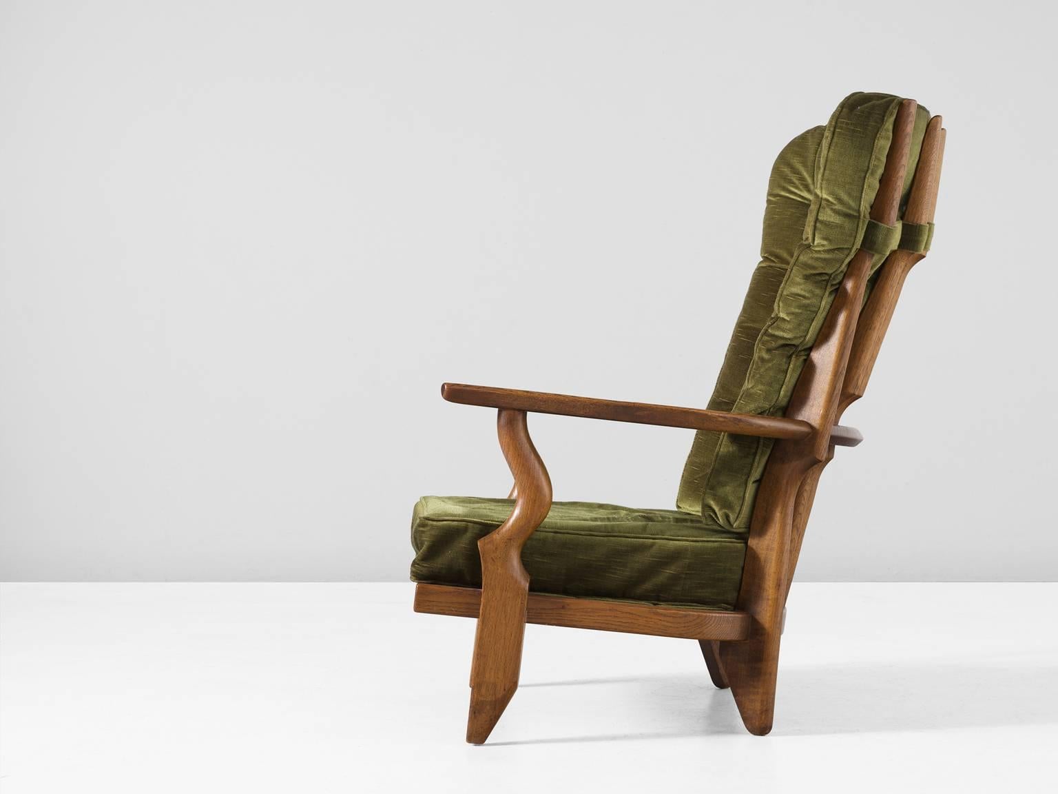 French Guillerme & Chambron High Back Chair in Green Velvet Upholstery