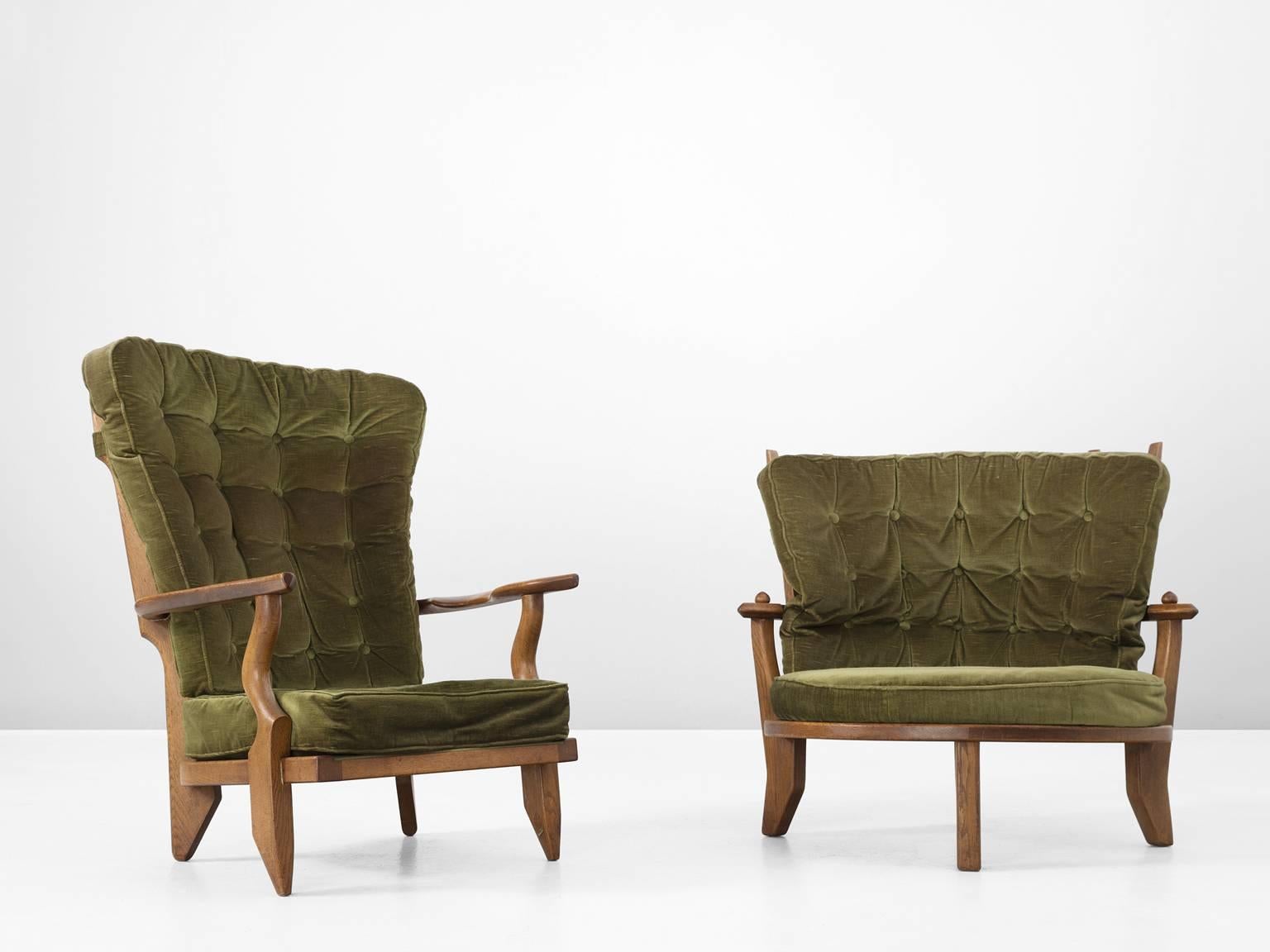Mid-Century Modern Guillerme & Chambron Set of Two Lounge Chairs with Green Upholstery