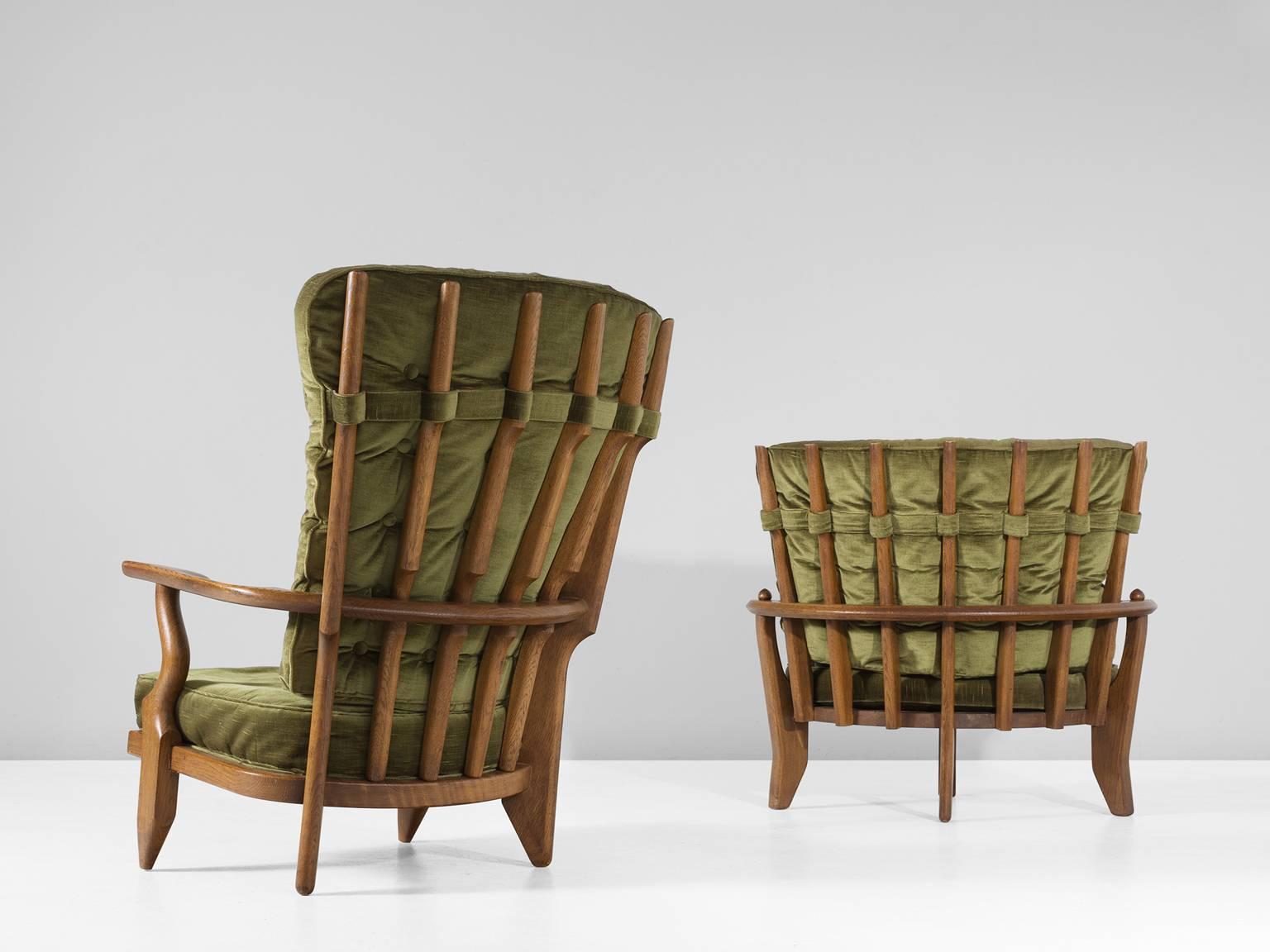 French Guillerme & Chambron Set of Two Lounge Chairs with Green Upholstery