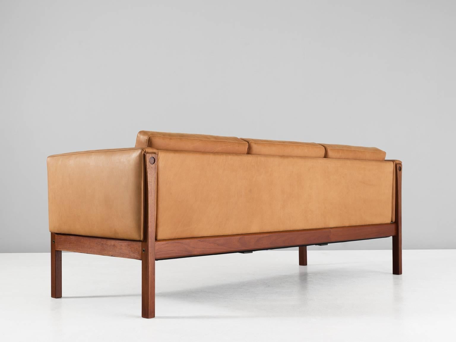 Danish Hans Wegner Reupholstered Three-Seat Sofa in Cognac Leather
