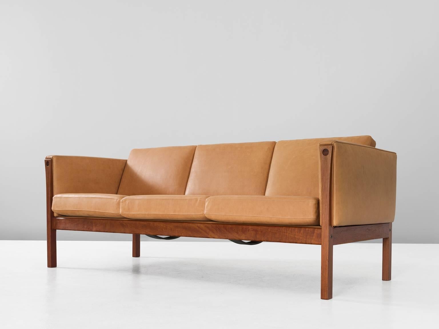 Mid-Century Modern Hans Wegner Reupholstered Three-Seat Sofa in Cognac Leather