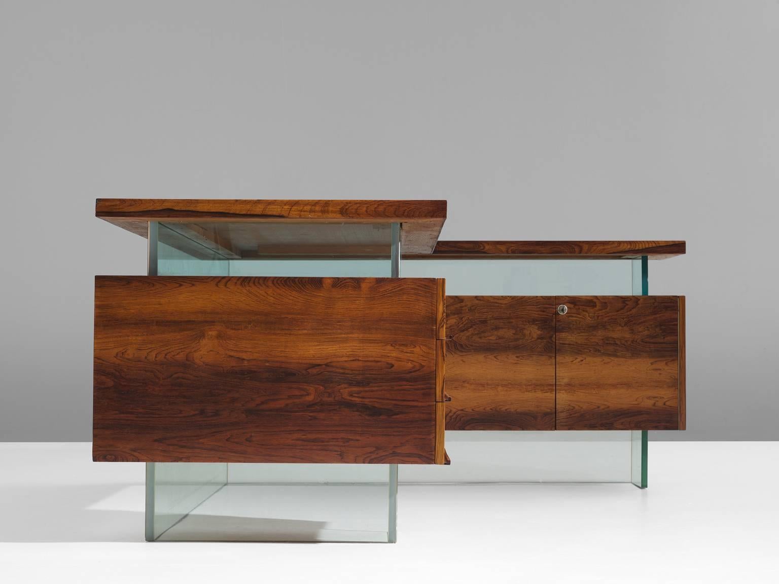 Mid-20th Century French Desk in Rosewood and Glass