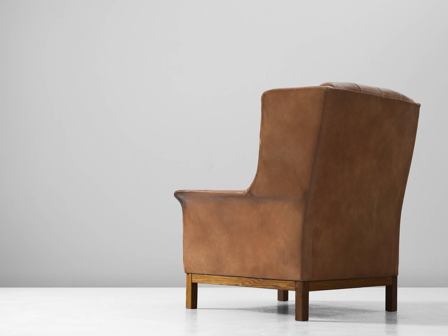Mid-Century Modern Arne Norell High Back Chair in Patinated Cognac Buffalo Leather