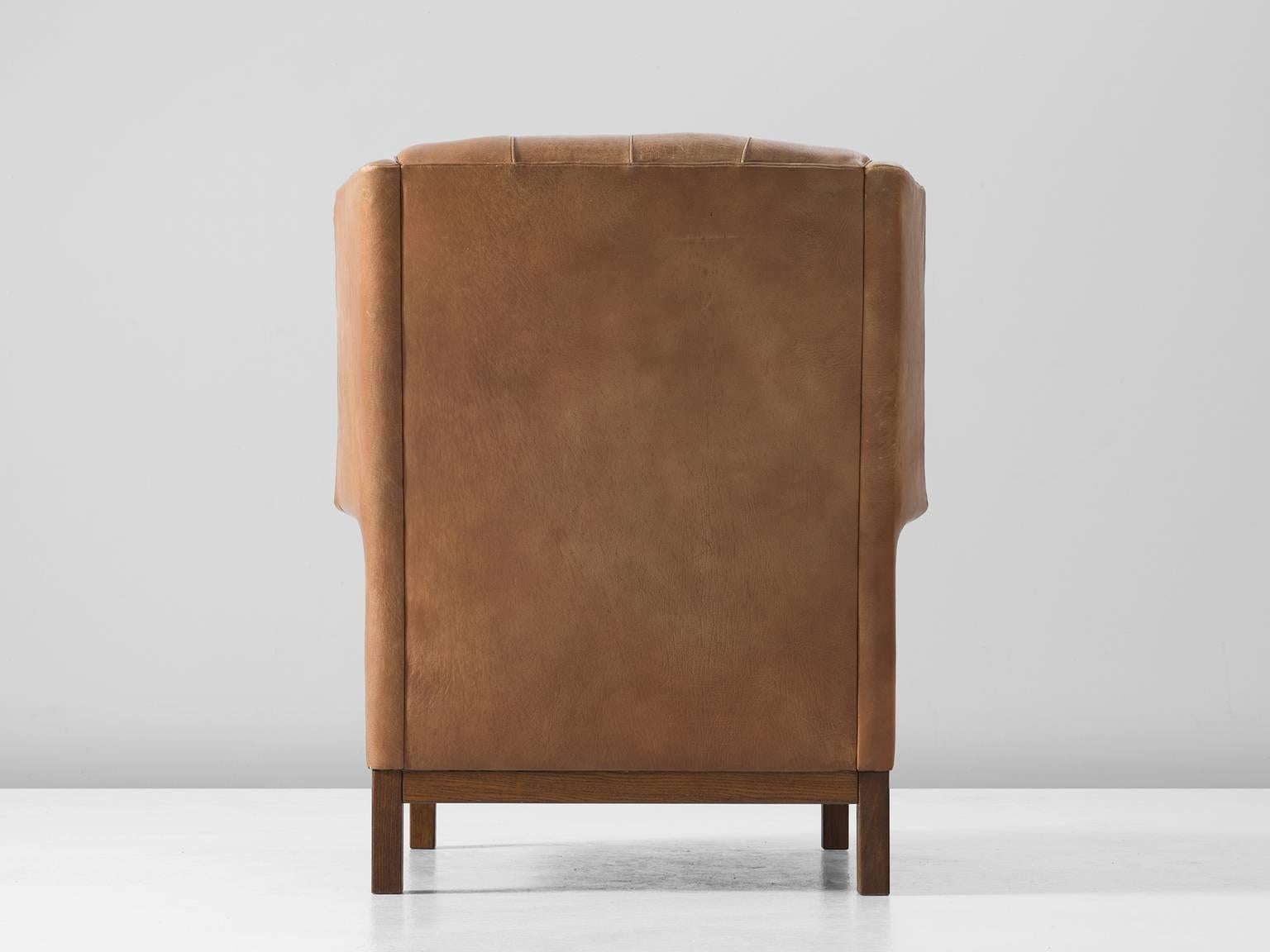 Swedish Arne Norell High Back Chair in Patinated Cognac Buffalo Leather