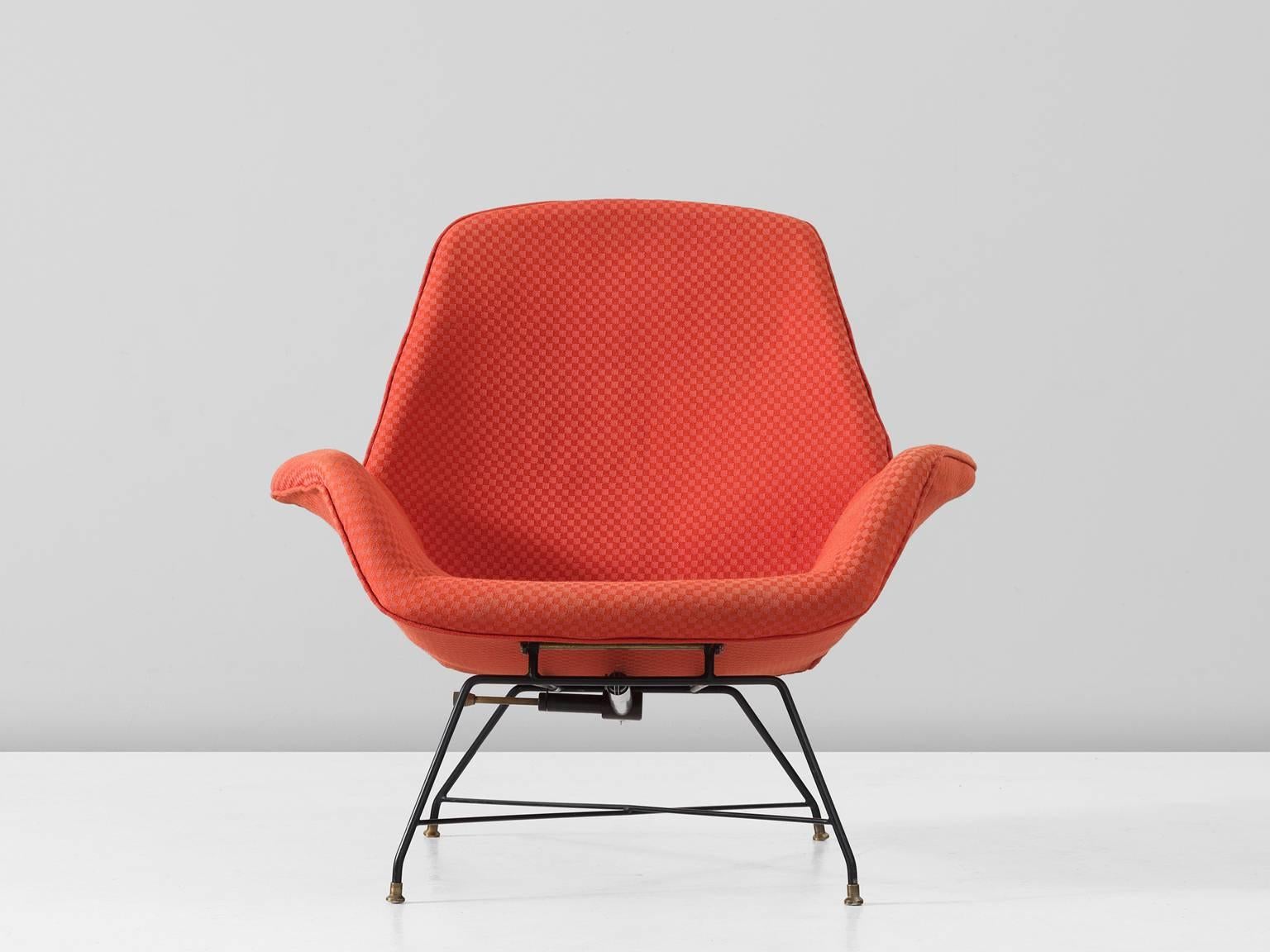Lounge chair, in metal, brass and fabric, attributed to Augusto Bozzi for Saporiti, Italy, 1960s. 

Bright orange adjustable lounge chair for Sapporiti. By it's hairpin frame and shape of the shell this chair in line with the designs of Augusto