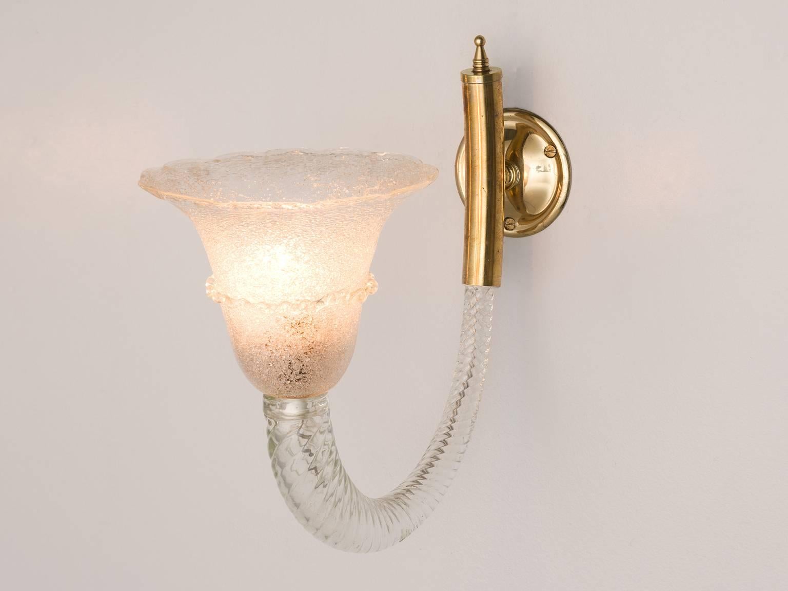 Italian Pair of Wall Lights in Murano Glass and Brass for Barovier & Toso