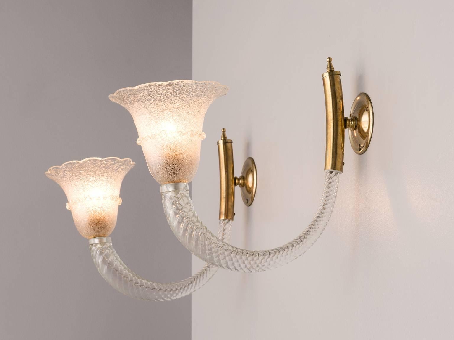 Art Deco Pair of Wall Lights in Murano Glass and Brass for Barovier & Toso