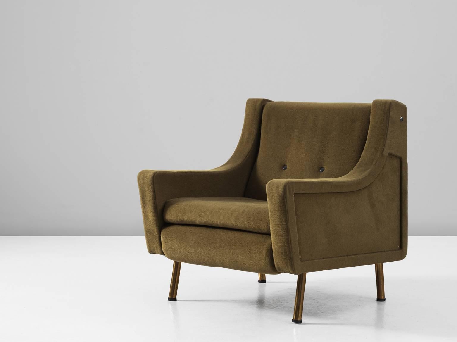 Armchair, in fabric and metal, Italy, 1950s. 

Nicely shaped easy chair in olive-green upholstery. This chair reminds of the design of Marco Zanuso for Arflex. This chair shows interesting lines. The outside shape is tight and sharp edged. The