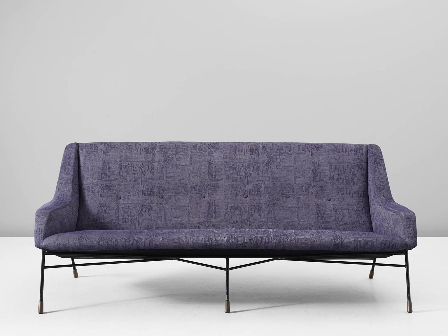 Sofa model S12 in fabric, metal and brass by Alfred Hendrickx for Belform, Belgium, 1950s.

Rare sofa in blue-purple upholstery by Belgian designer Alfred Hendrickx. The model shows a lot of influences on some Italian designs by shape and