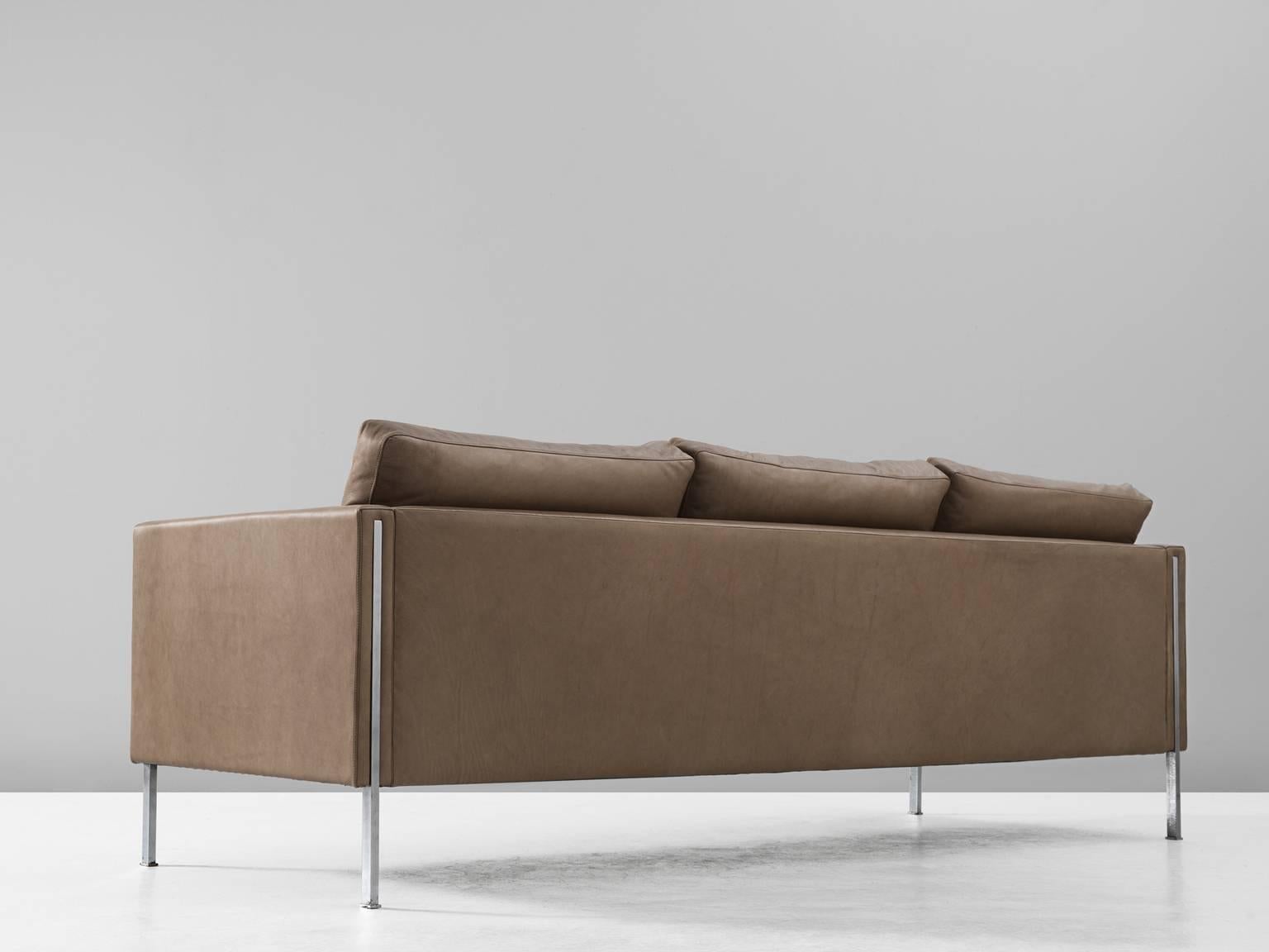 Dutch Pierre Paulin Reupholstered Sofa in High Quality Aniline Taupe Leather