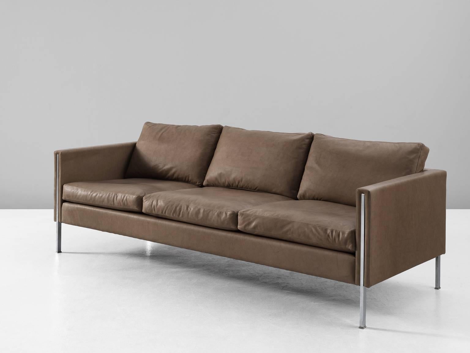 Mid-Century Modern Pierre Paulin Reupholstered Sofa in High Quality Aniline Taupe Leather
