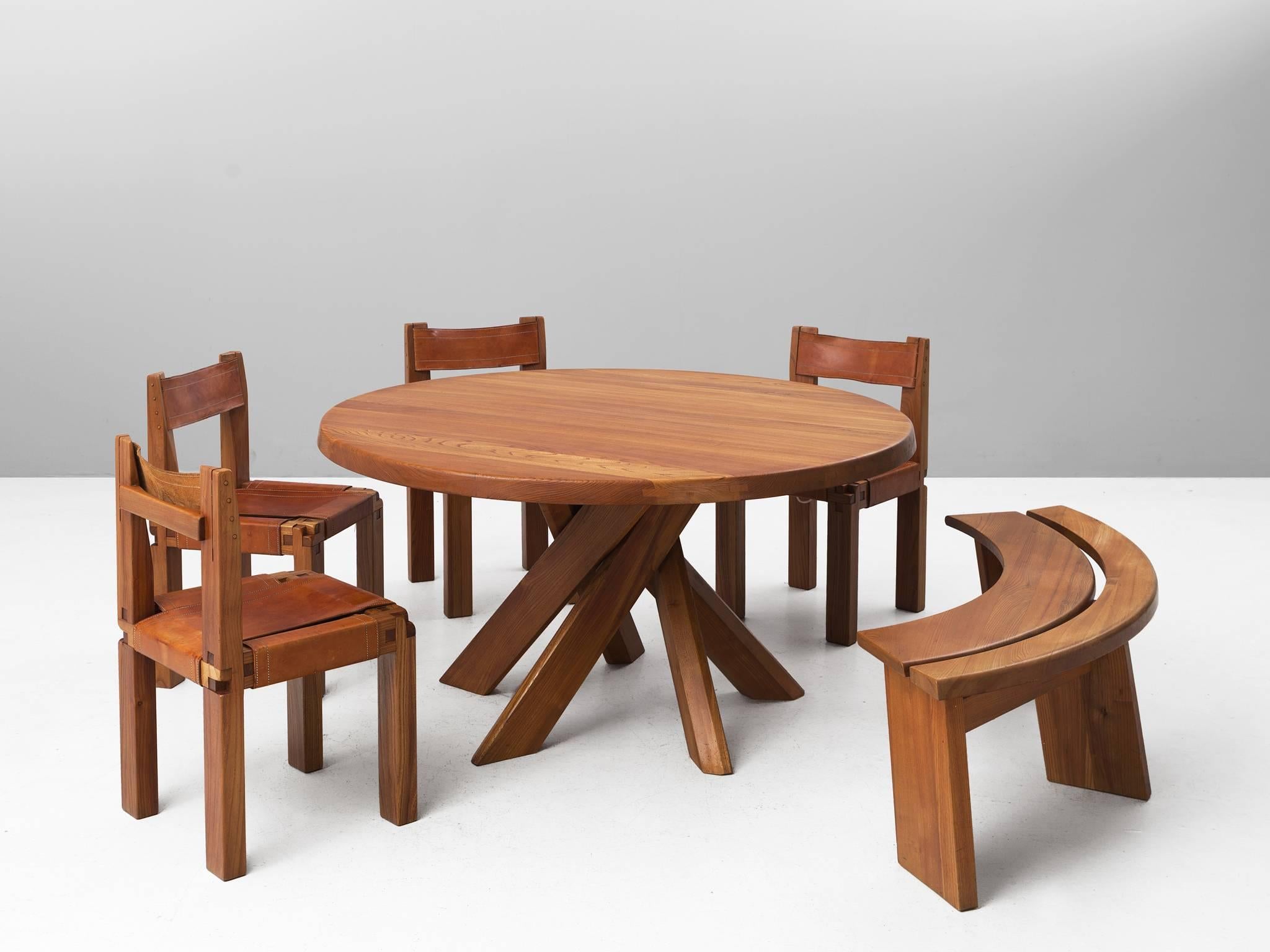 Dining room set, in pine and leather, by Pierre Chapo, France, 1960s.

Very complete dining room set by Franch designer and outrageous woodworker Pierre Chapo. This set consist of a round Sfax table, with a beautiful crossed leg base. Four chairs,