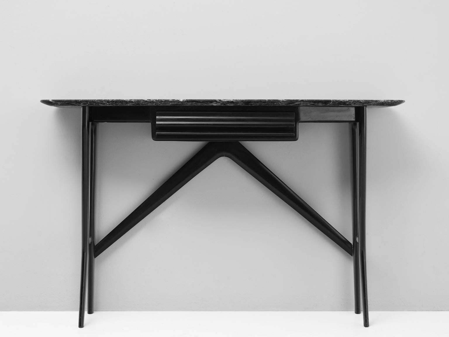 Mid-Century Modern Ebonized Wall Console with Green Marble Top 