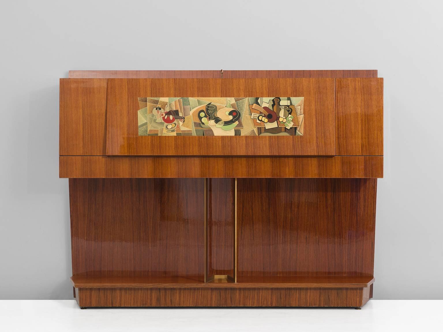 Dry bar in walnut, birch and glass, Italy 1950s.

Italian buffet with beautiful decorative painting on the front by Gino Severini. This bar has an interesting design which reminds a bit of a piano. The storage part is wide, followed by a tight and