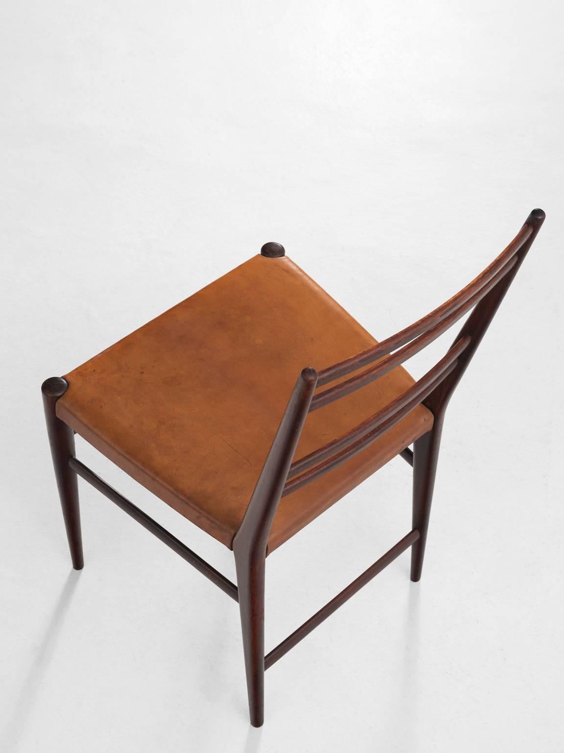 Beech Set of Six Danish Dining Chairs in Cognac Leather