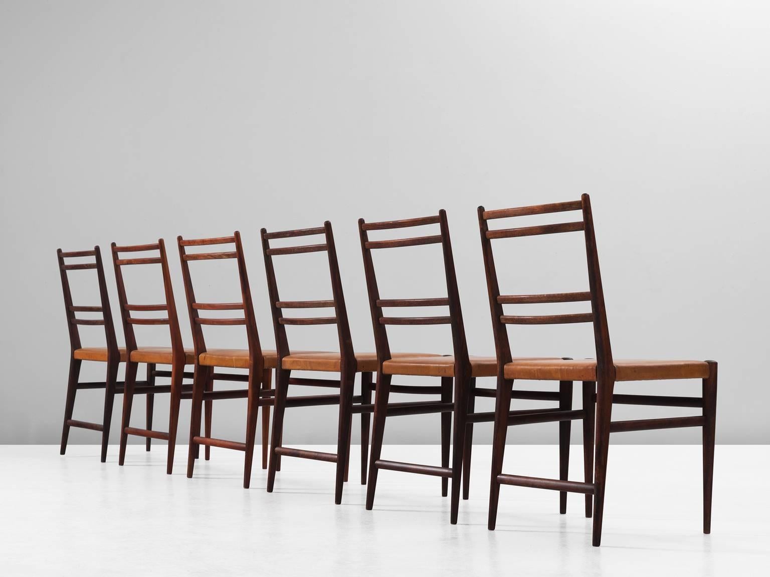 Mid-Century Modern Set of Six Danish Dining Chairs in Cognac Leather
