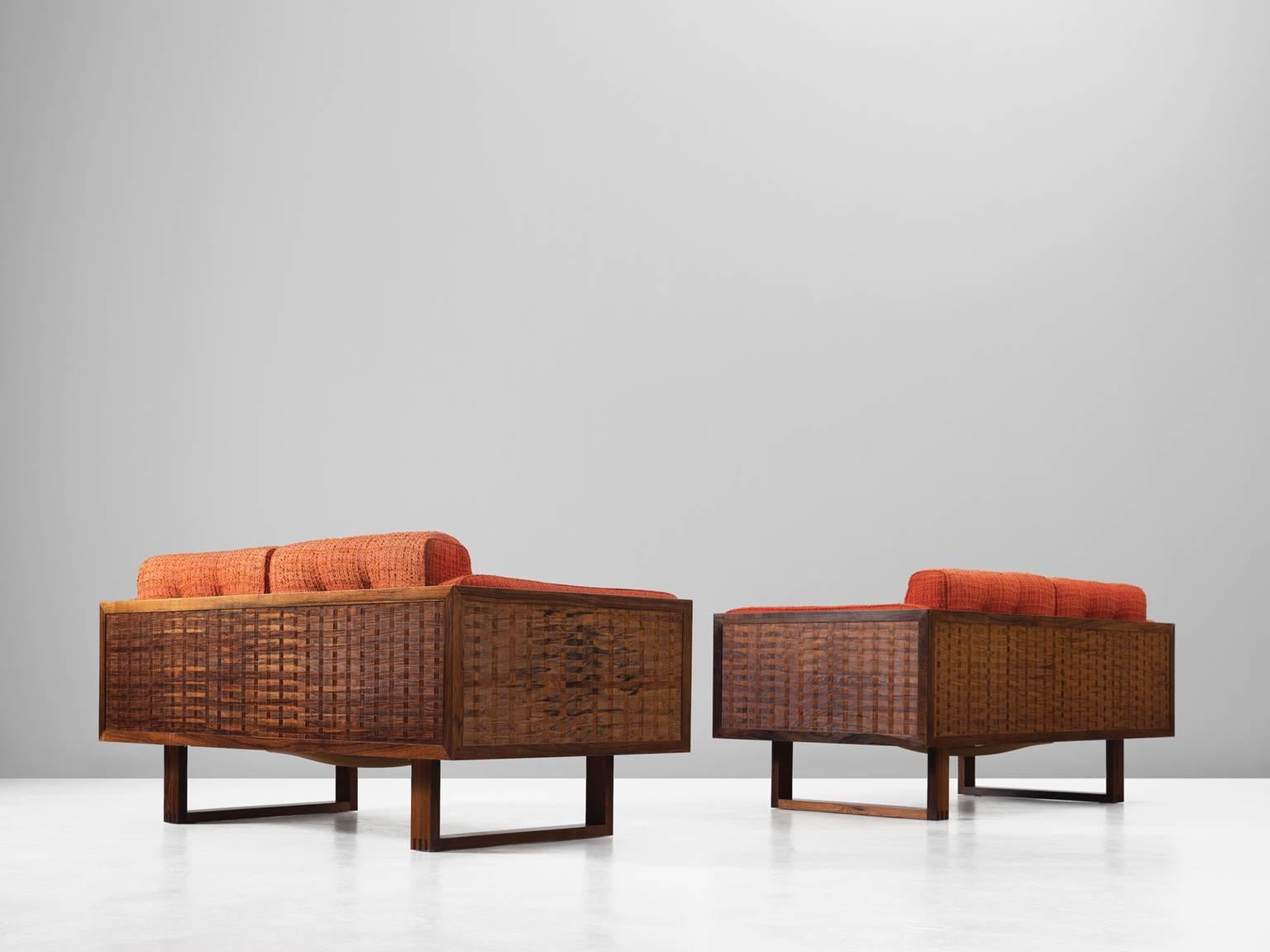 Mid-Century Modern Paul Cadovius Set of Two Small Rosewood Sofa's in Orange Fabric Upholstery