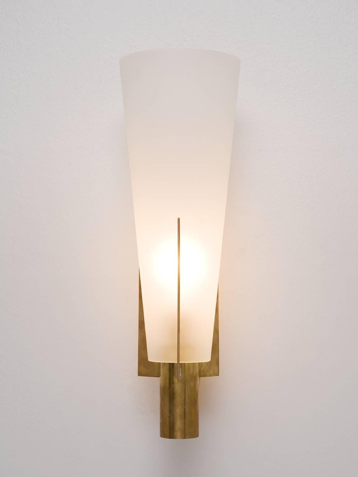 Mid-Century Modern Set of Two Large Brass and Frosted Glass Wall Lights