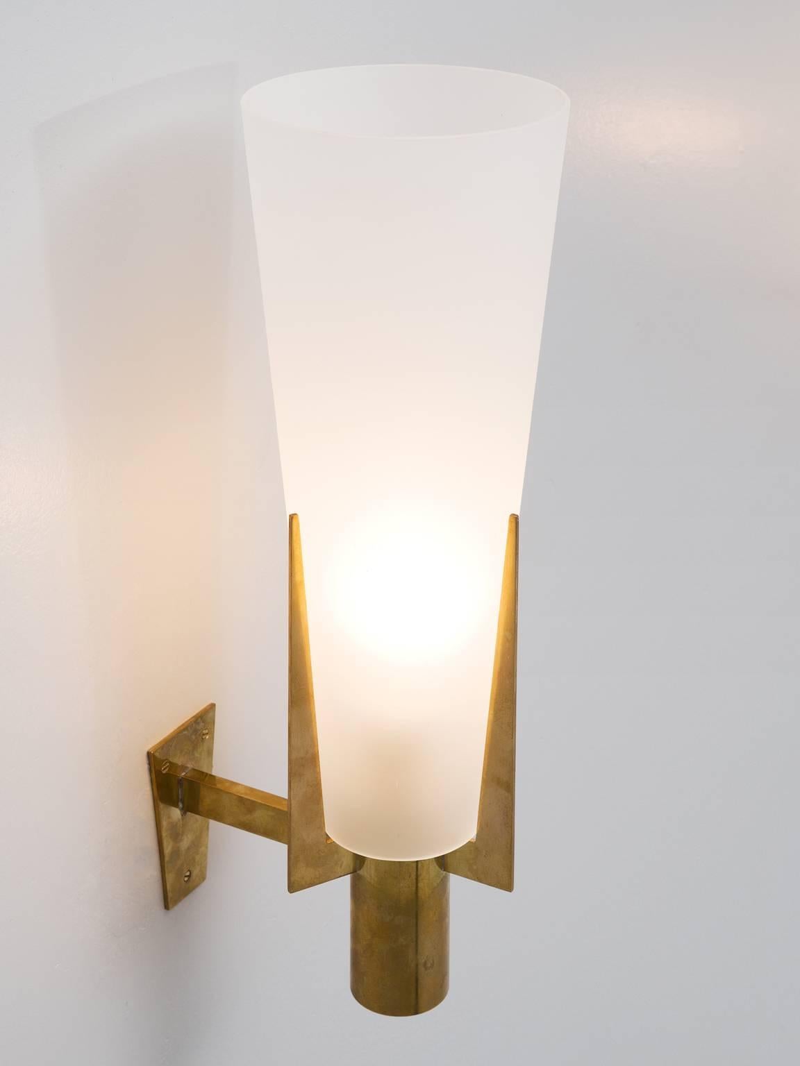 European Set of Two Large Brass and Frosted Glass Wall Lights