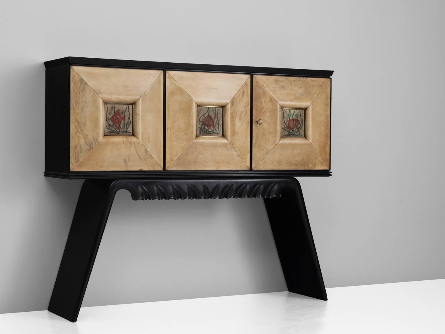 Mid-Century Modern Italian Illuminated Bar Cabinet in Ebonized Wood and Goatskin