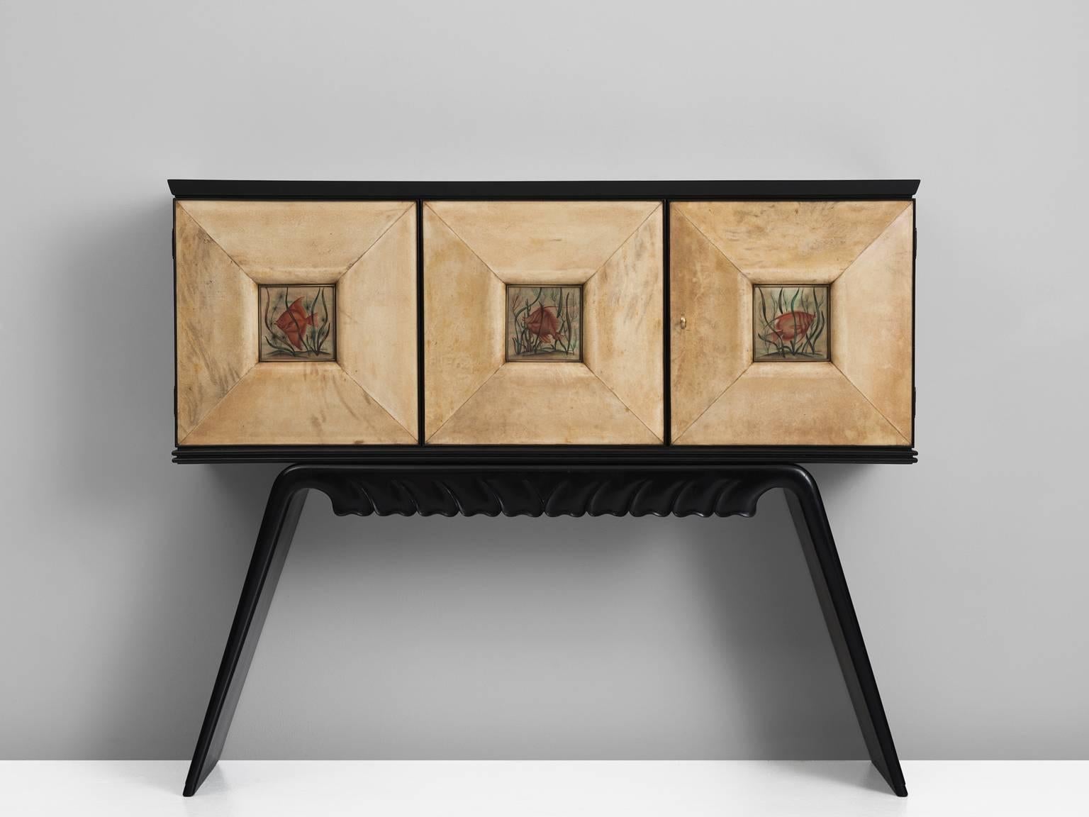 Bar cabinet, in wood, glass and goatskin, Italy, 1950s.

Beautiful bar cabinet in characteristic Italian style of Paolo Buffa, Vittorio Dassi and Osvaldo Borsani. This bar has a very luxurious appearance, due the use of not common materials. The