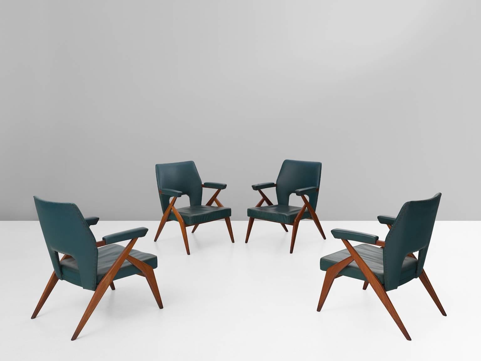 Mid-Century Modern Set of Four Italian Easy Chairs in Mahogany and Petrol Blue Upholstery
