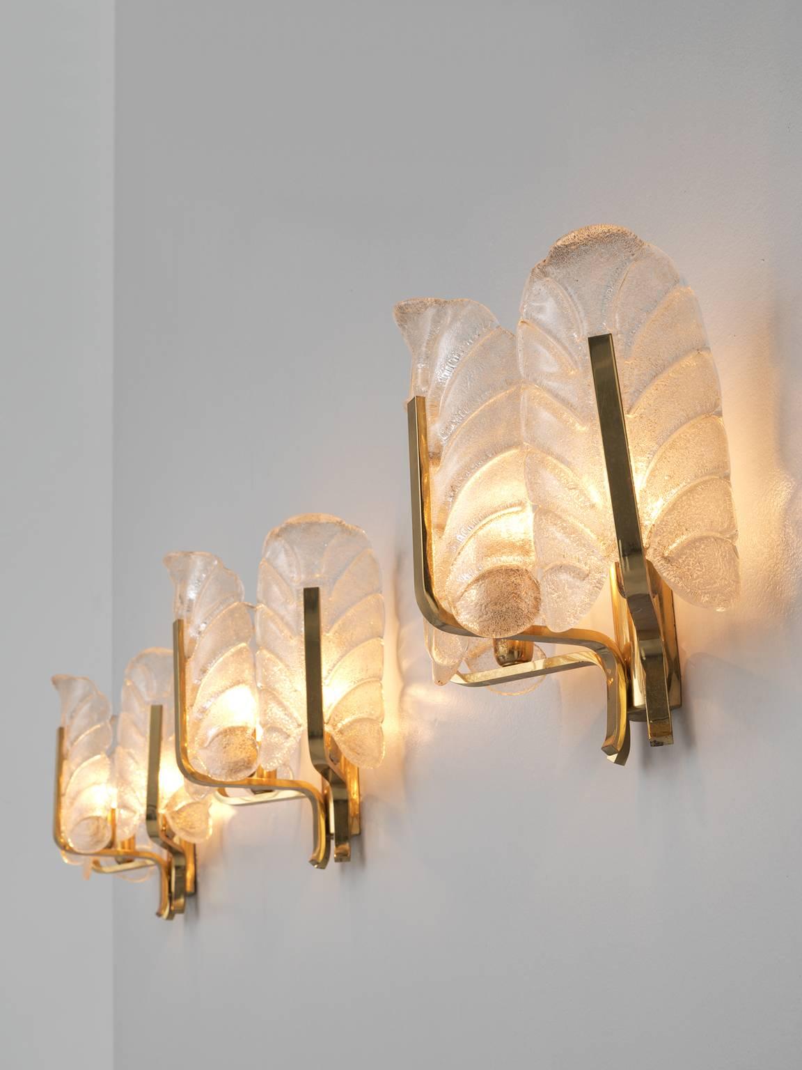 Mid-Century Modern Set of 12 Wall Lights in Brass and Structured Glass