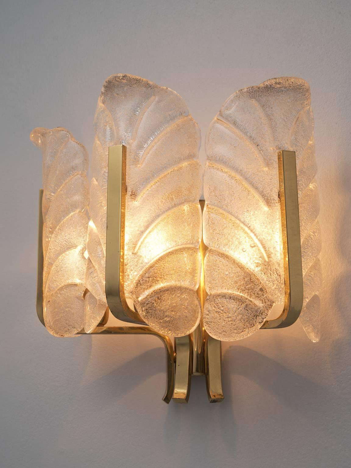 Set of 12 Wall Lights in Brass and Structured Glass In Good Condition In Waalwijk, NL