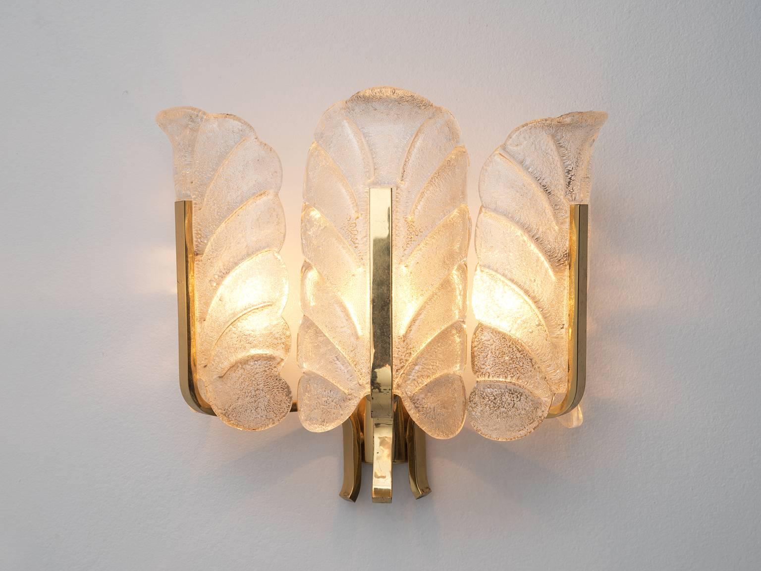 European Set of 12 Wall Lights in Brass and Structured Glass