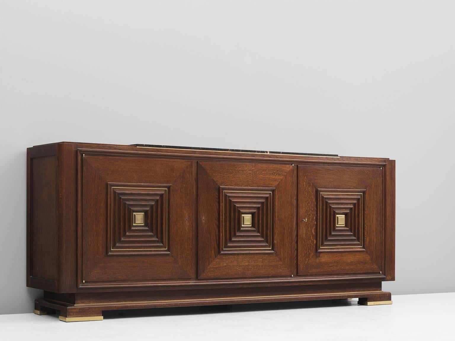 French Art Deco Credenza in Oak with Marble Top and Brass Details